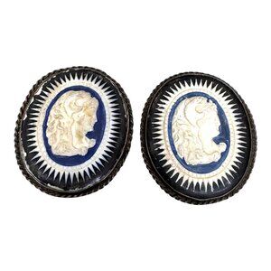 Vintage Wedgwood Sterling Silver Dark Blue White Cameo Clip-On Earrings 1.5 READ